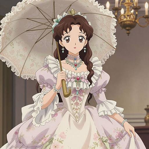 Anime-style digital drawing of a young woman with long brown hair, wearing a frilled, white floral Victorian dress, holding a lace parasol, adorned