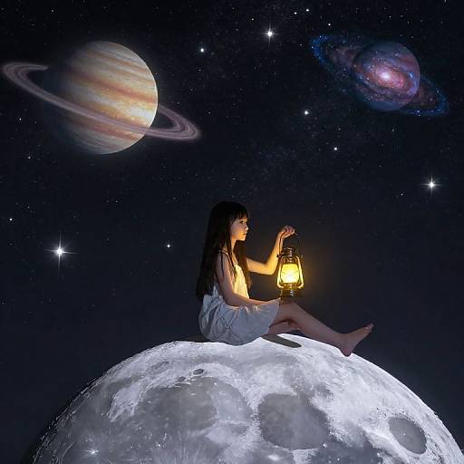 Silhouetted anime girl with long black hair sits on glowing moon, holding lantern, against starry night sky with colorful planets. Digital art.