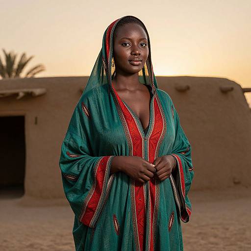Photograph of a dark-skinned African woman in a teal and red traditional dress with a headscarf, standing in front of a rustic, ad