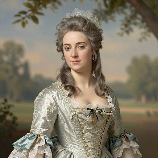 Digital painting of a young, fair-skinned woman with gray hair, wearing an 18th-century silver and lace gown, set against a blurred,