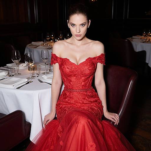 Photograph of a fair-skinned woman with dark hair in an off-shoulder, red lace and tulle gown, seated at a dimly