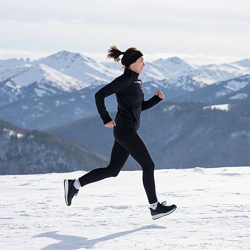 Photograph of a woman with black hair in a bun, wearing a black jacket, pants, and sneakers, running on a snowy mountain landscape with snow