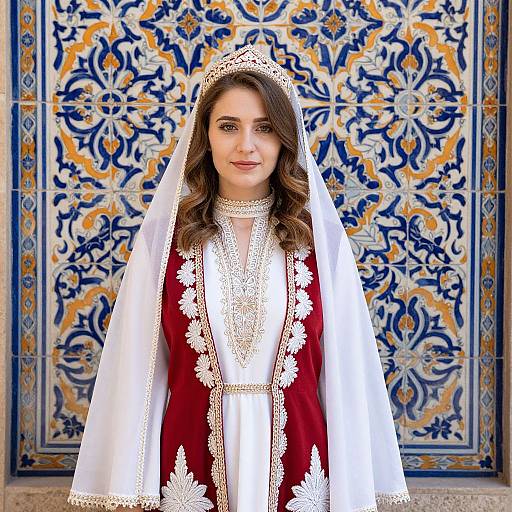Photograph of a young woman with long brown hair wearing a red and white lace wedding dress and veil, standing in front of intricate blue and yellow tiled