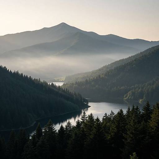 Photograph of a serene mountain landscape at dawn, featuring a mist-covered lake surrounded by dense, dark green pine forests and layered, shadowed hills under