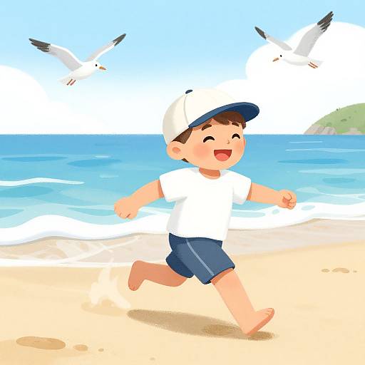 Digital illustration of a joyful, smiling boy in a white shirt and blue shorts running on a sandy beach with seagulls flying above and the ocean in