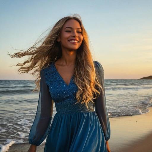 Smiling woman in blue dress on beach at sunset