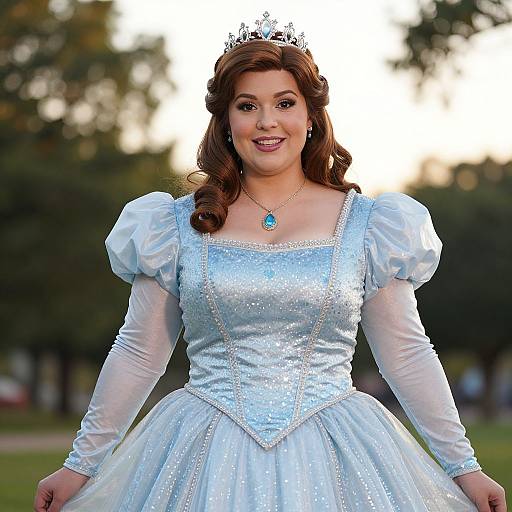 Photograph of a smiling, fair-skinned woman with brown curls, wearing a sparkling blue princess dress, white puffed sleeves, tiara, and