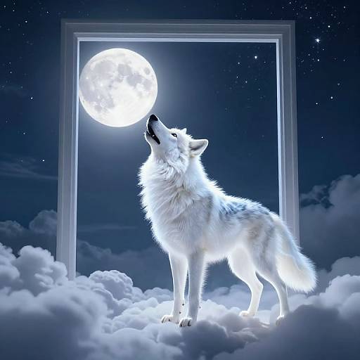 Digital artwork of a glowing white wolf howling at a bright full moon framed within a rectangular window, surrounded by fluffy clouds in a starry night sky