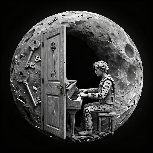 Black-and-white digital illustration of a person with spiky hair playing a keyboard in a door, surrounded by a moon with scattered keys.
