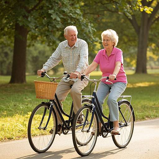 Photograph of an elderly white couple, man in checkered shirt and woman in pink polo, riding black bicycles on a sunny park path, with a
