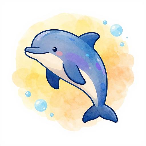 Cute, digital watercolor drawing of a smiling blue dolphin with a white belly, floating against a yellow-orange gradient background with blue bubbles.