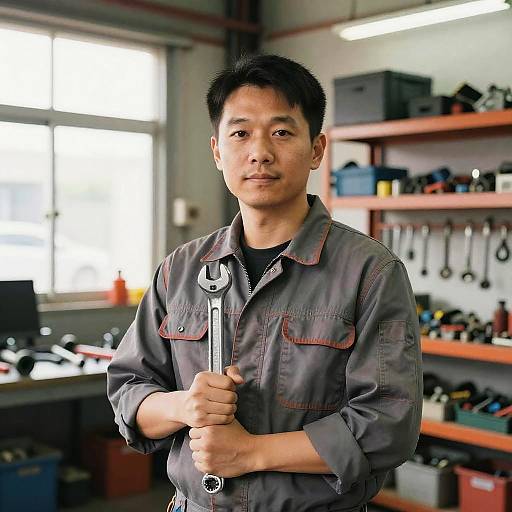 Photograph of an Asian male mechanic with short black hair, wearing a gray work shirt, holding a wrench in a well-lit workshop. Background includes