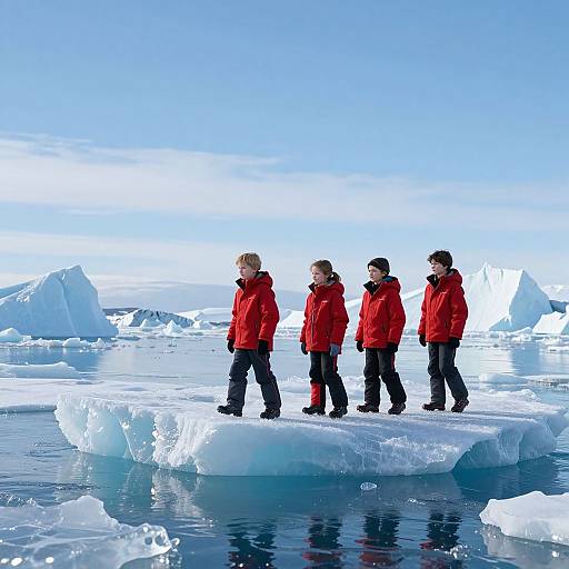 Photograph of four children in red jackets standing on a large ice floe, surrounded by icebergs and blue icy water under a clear sky.