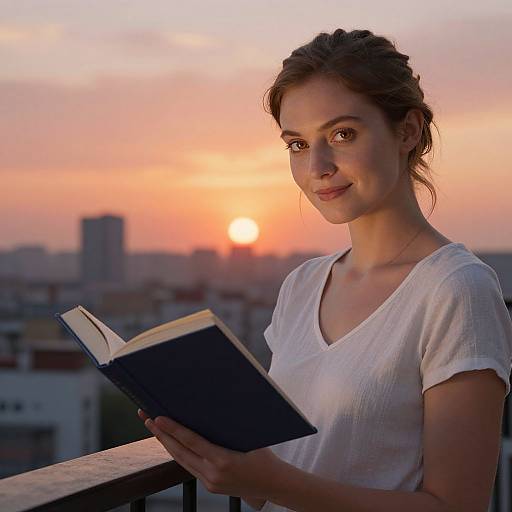 Serene Woman Reading at Sunset Balcony