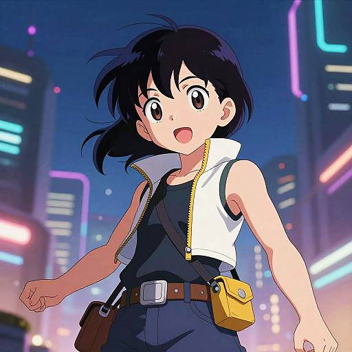 Anime-style digital drawing of a surprised, black-haired girl with a white sleeveless vest, black shirt, and yellow pouch, standing in a neon-l