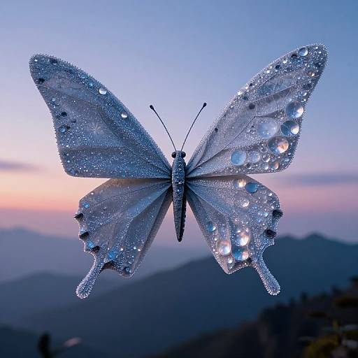 Photograph of a delicate, silver-blue butterfly with dewdrops on its wings, set against a twilight mountain landscape with a gradient sky from pink to blue