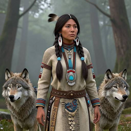 Native American Woman with Wolves