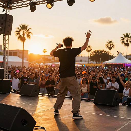 Photograph of a male rapper with spiked hair, black shirt, beige pants, and black sneakers, performing outdoors at sunset, raising one arm, with