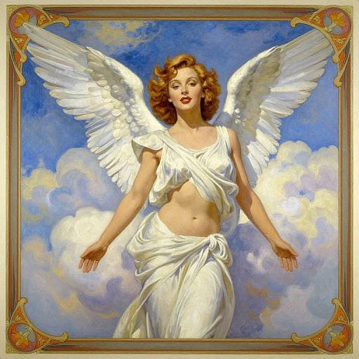 Digital painting of a fair-skinned, red-haired angel with white wings and flowing white drapery, set against a blue sky with clouds. Orn