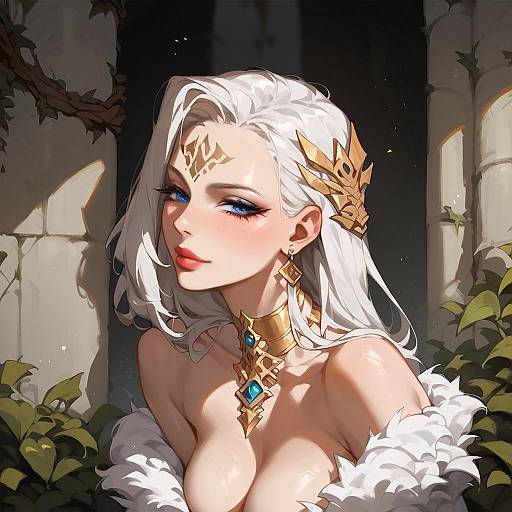 Fantasy Woman with White Hair in Castle
