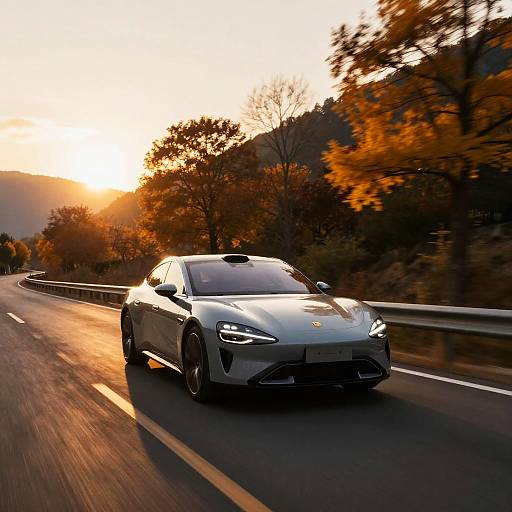 Photograph of a sleek, silver Porsche sports car speeding on a winding road at sunset, surrounded by autumn trees.