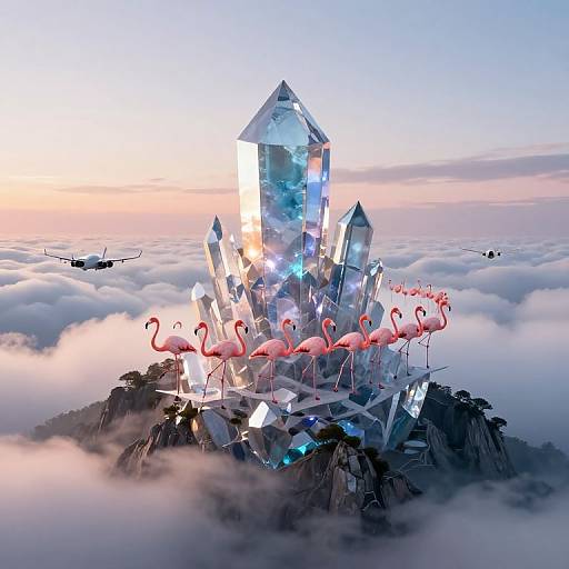 Digital art of a crystal tower with pink flamingos, surrounded by clouds, helicopters, and a sunset sky, atop a rocky island.