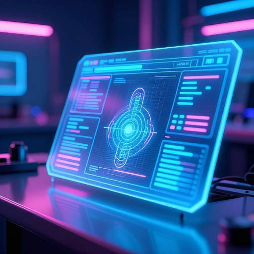 Neon-lit laptop displaying a holographic 3D fingerprint scan with blue and pink glowing interface in a futuristic lab.