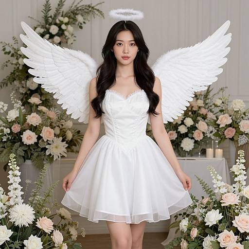 Photograph of an Asian woman with long black hair, wearing a white angelic dress, halo, and white feather wings, standing among floral arrangements in