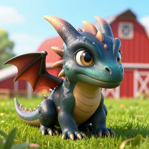 CGI image of a cute, blue-green, cartoon dragon with orange wings and horns, sitting on green grass, with a red barn in the blurred