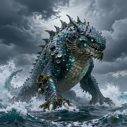 Enormous Mythical Sea Creature in Stormy Ocean