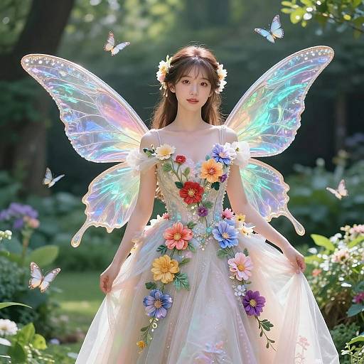 Photograph of a fair-skinned woman with glowing fairy wings, wearing a flower-adorned, off-shoulder, white dress in a sun