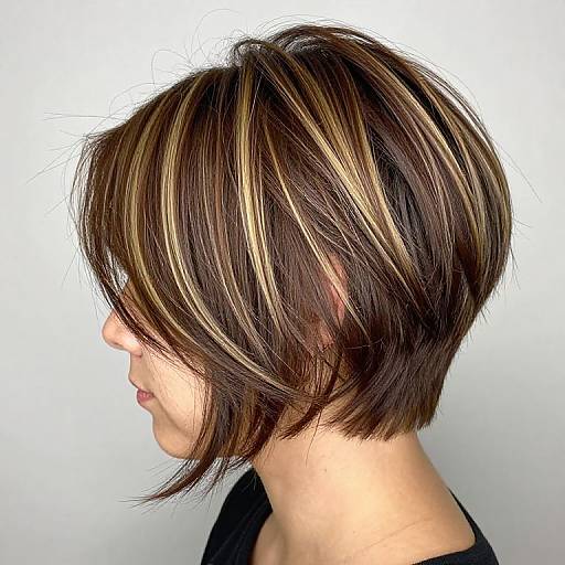 Side profile photograph of a woman with a short, layered bob haircut featuring dark brown with blonde and lighter brown highlights. She wears a black top, set