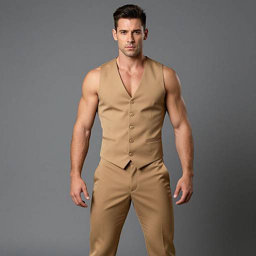 Photograph of a muscular, fair-skinned man with short dark hair, wearing a sleeveless, tan vest and matching trousers, standing against a gray