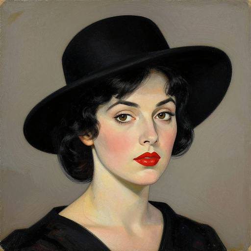 Digital painting of a pale-skinned woman with black wavy hair, wearing a black wide-brimmed hat and red lipstick, against a gray background