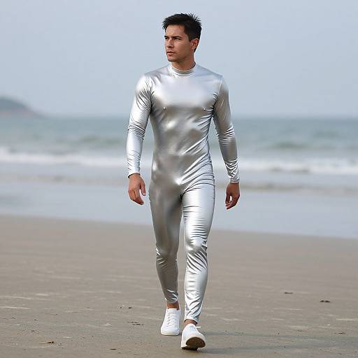 Photograph of a man with short black hair walking on a beach in a shiny, silver, full-body, long-sleeve suit and white sneakers