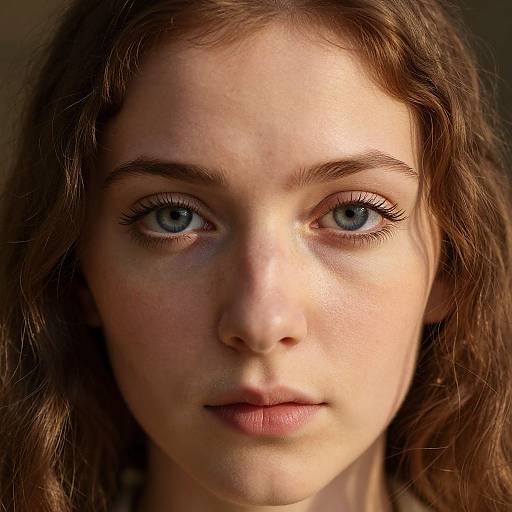Close-up photograph of a young woman with light skin, blue eyes, and wavy brown hair, looking directly at the camera.
