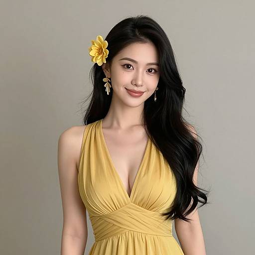 Photograph of an Asian woman with long black hair, yellow flower in hair, wearing a yellow V-neck dress, smiling, light gray background.