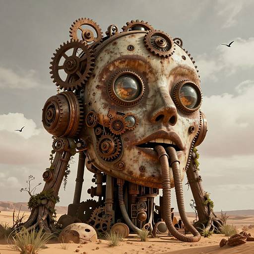 Steampunk robot with rusted, gear-covered face, large round eyes, and a trunk-like mouth, standing in a desert with cloudy sky and