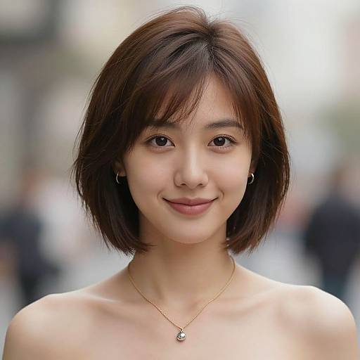 Photograph of an Asian woman with short brown hair, fair skin, brown eyes, subtle smile, small gold necklace, bare shoulders, blurred city background