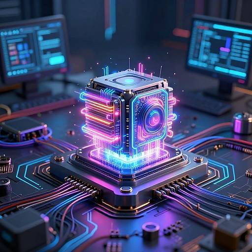 Neon-lit, futuristic computer chip with glowing blue, pink, and purple lines, centered on a circuit board, surrounded by monitors displaying data.