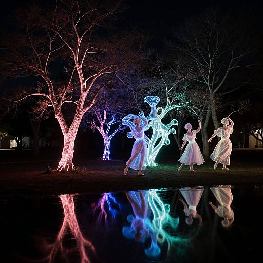 Nighttime photograph of glowing, neon-lit, silhouette-style figures dancing beside illuminated trees, reflected in a dark, still pond. Vibrant colors:
