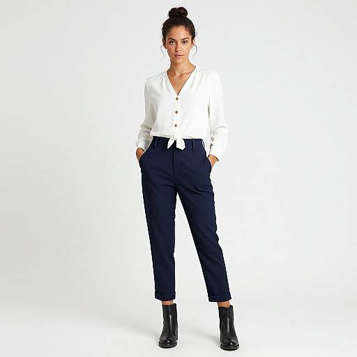 Photograph of a confident, dark-skinned woman with a bun, wearing a white button-up shirt, navy high-waisted trousers, and black