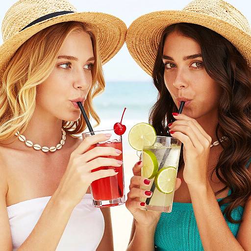 Photograph of two women with wicker hats, sipping drinks with straws. One has blonde hair and a white strapless top, the other