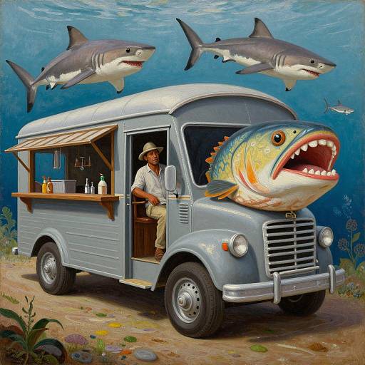 Old Cuban Man in Vintage Truck with Giant Fish Head and Sharks