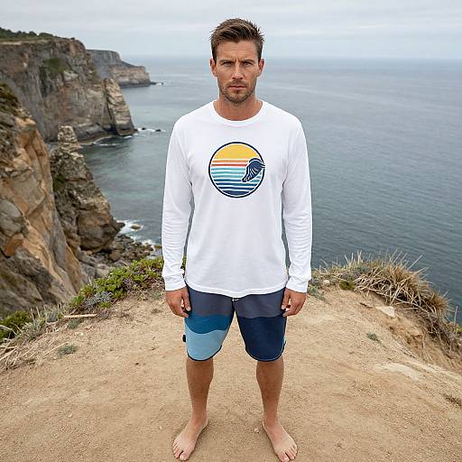 Photograph of a man with short brown hair, beard, wearing a white long-sleeve shirt with a sunset circle logo, blue and black shorts