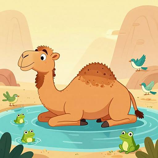 Cartoon-style illustration of a smiling camel resting in a blue waterhole, surrounded by green frogs, two bluebirds, and desert landscape.