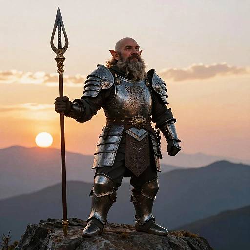 Heroic Young Dwarf Warrior at Sunset