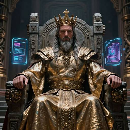 Photorealistic digital art: Bearded king with golden crown and armor, sitting on a throne with glowing blue holograms, in a dark, orn