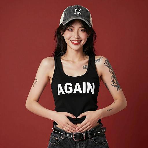 Smiling Woman with Tattoos and Cap