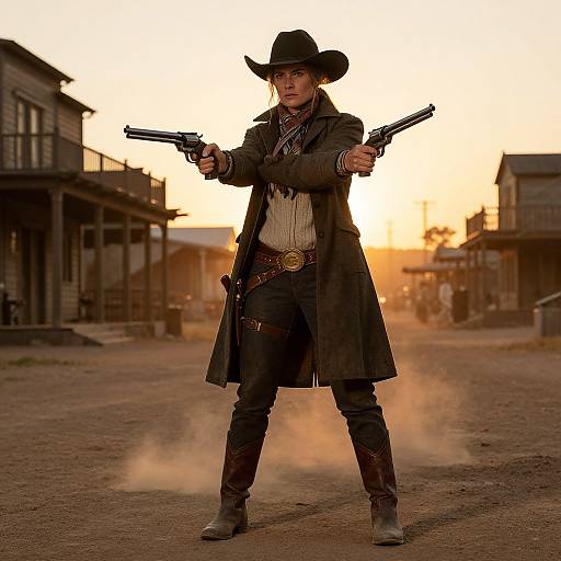 Photograph of a confident, blonde woman in a black cowboy hat, long coat, and boots, dual-wielding guns, standing in a dusty Western